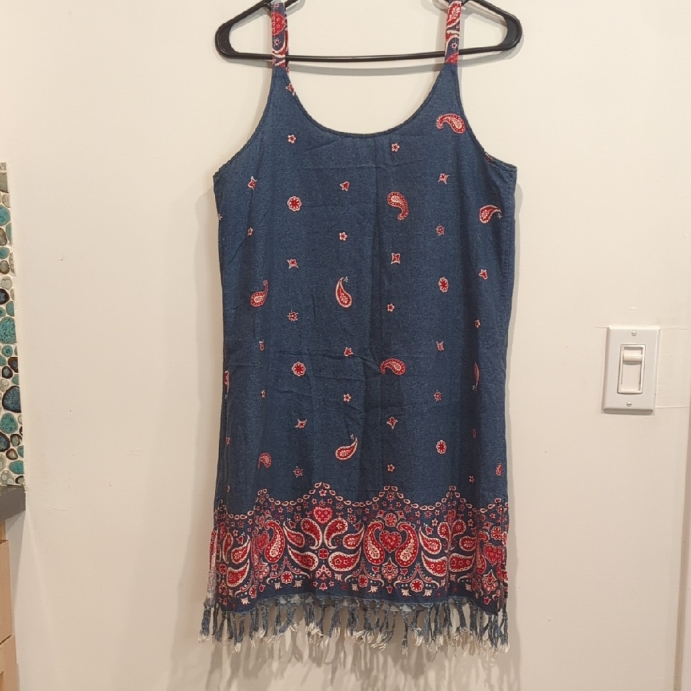 Vintage Bandana Print Sundress Mini Dress with Fringe Cover Up